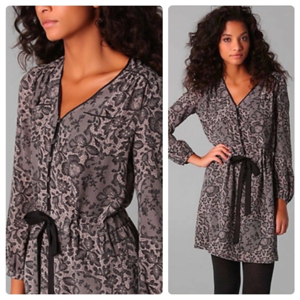 Rebecca Taylor Womens Grey Silk Floral Mini Dress Size 2 Long Sleeve V-Neck